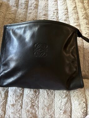 Loewe Black Leather  Zip Pouch - Designer Embossed Logo